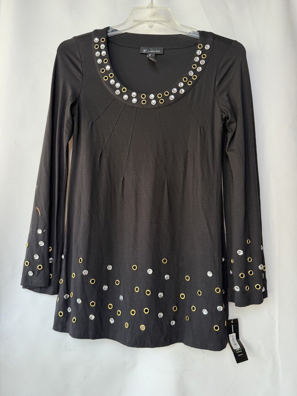 NWT INC International Concepts Blouse Womens Black Tunic Rhinestone Size M